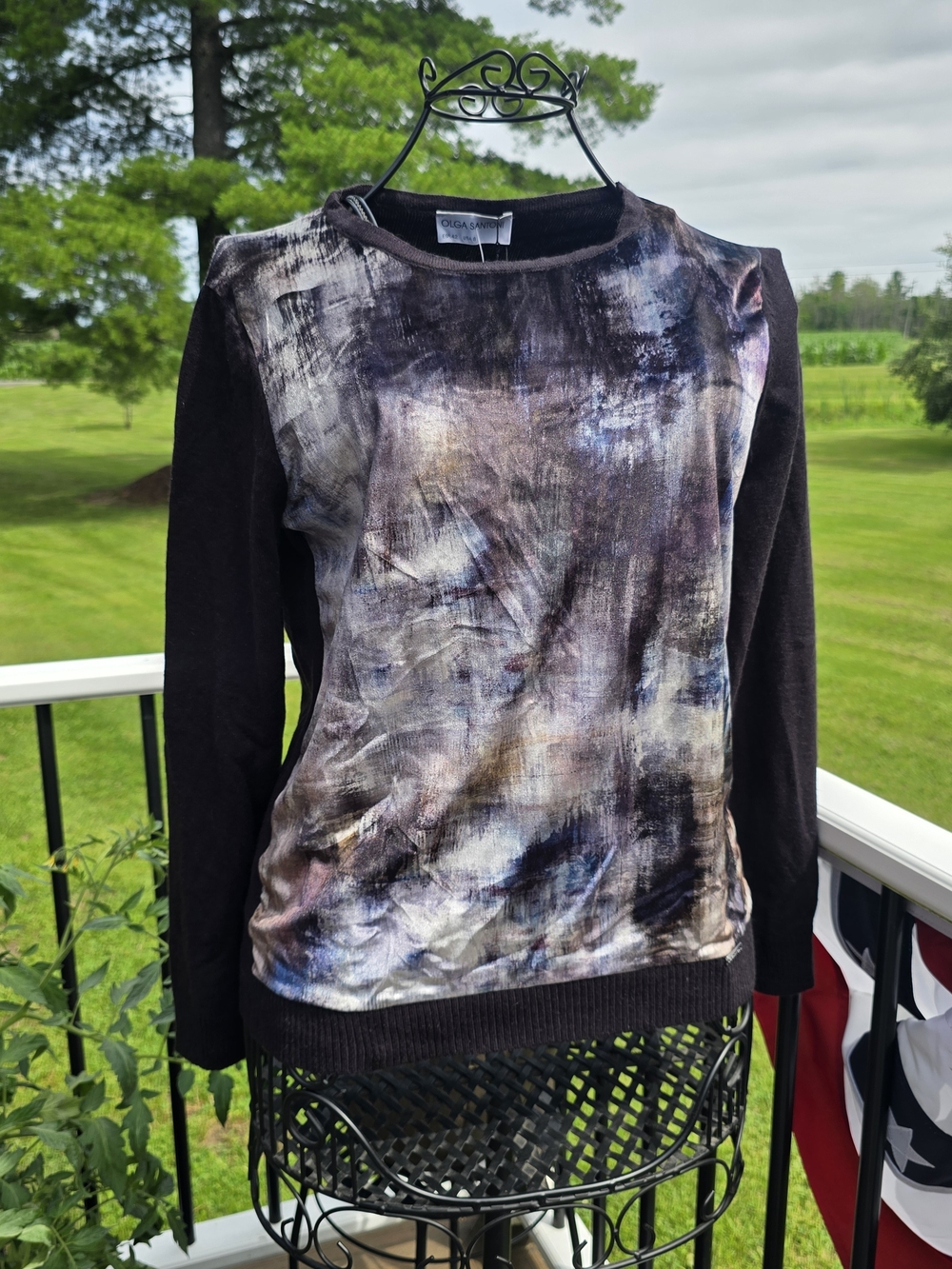 OLGA Santoni Mixed-Media Black & Multi Print Long-Sleeve TopSize 8, NWT